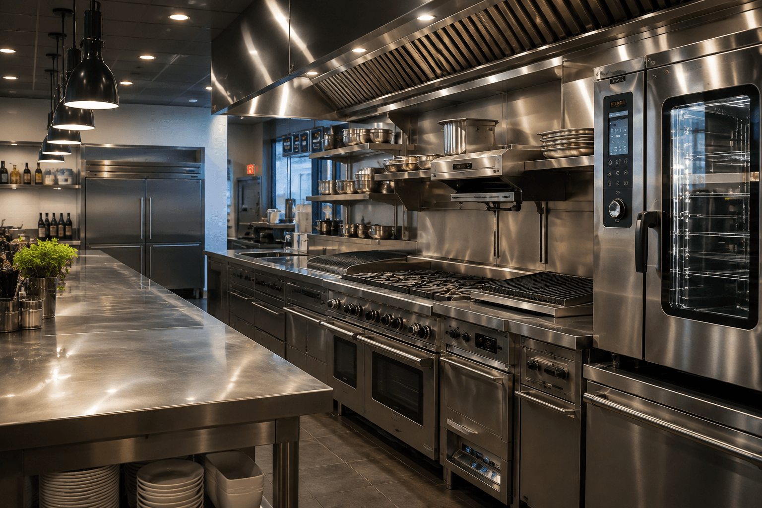 Premium professional commercial kitchen with stainless steel refrigeration and cooking equipment