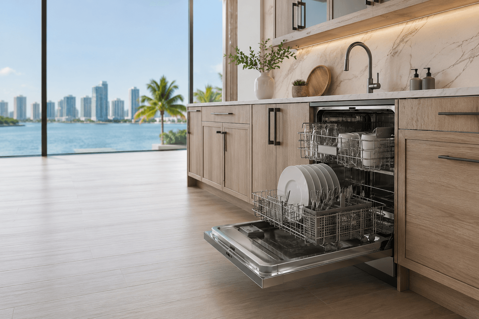 Luxury open stainless steel dishwasher in a premium South Florida waterfront kitchen