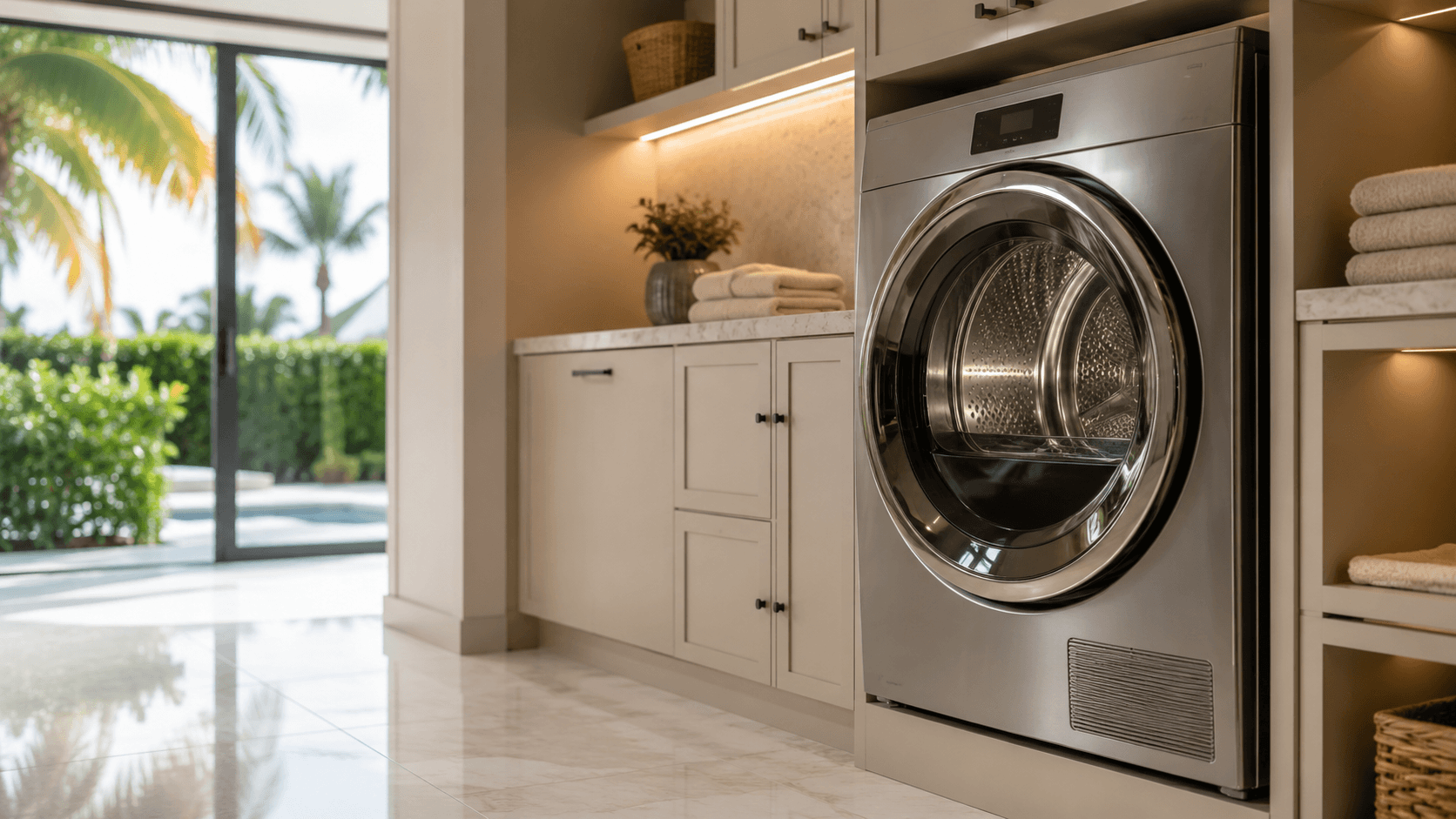 Luxury stainless steel front-load dryer in a premium South Florida laundry room