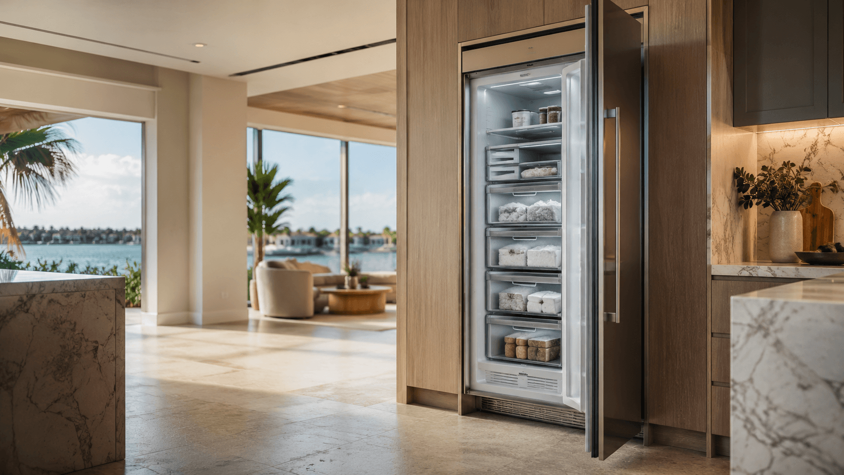 Luxury built-in freezer column in a premium South Florida waterfront kitchen