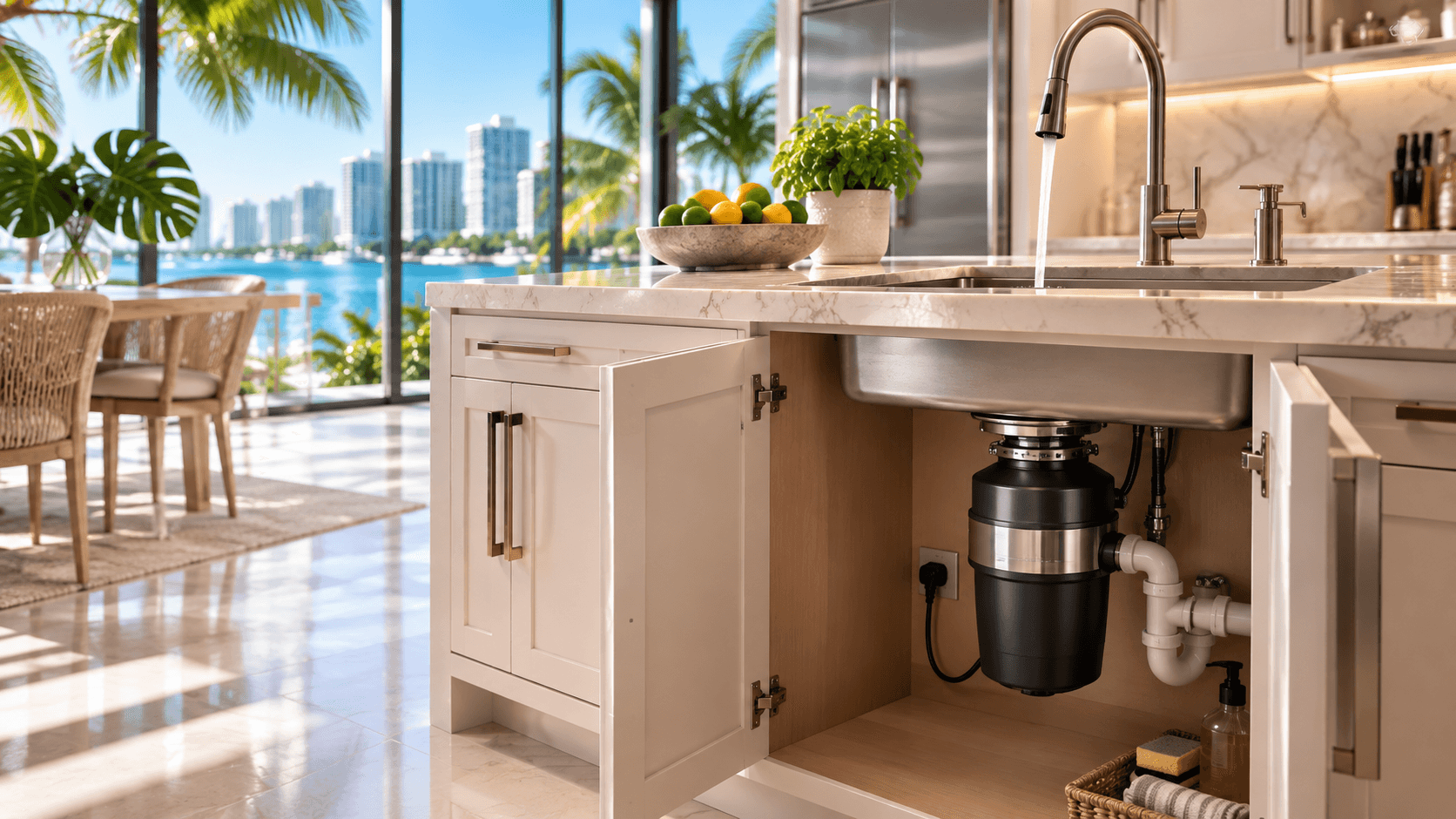 Premium garbage disposal installed under a sink in a luxury South Florida kitchen