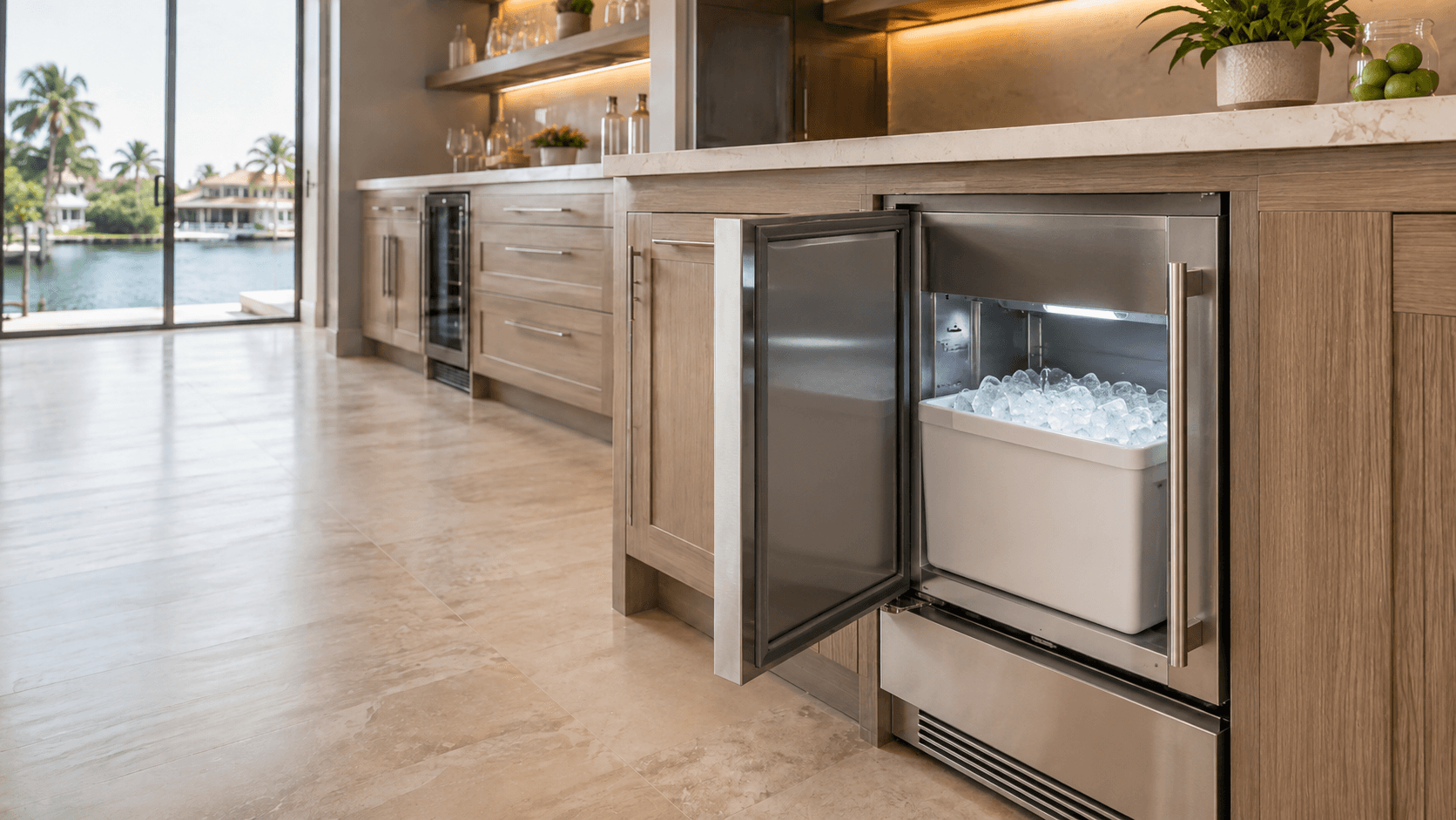Luxury built-in undercounter ice maker with removable ice bin in a premium South Florida kitchen
