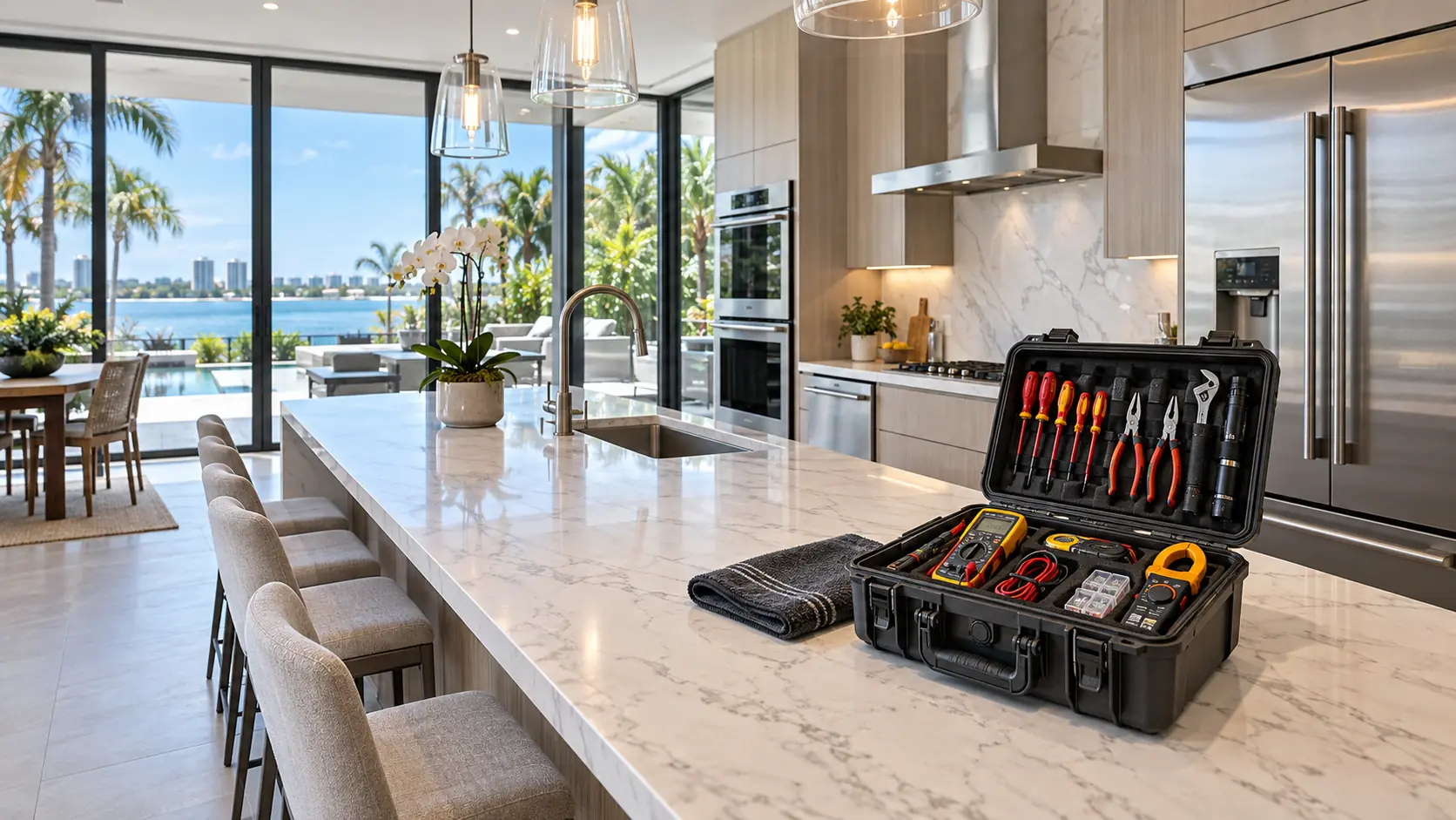 Professional appliance repair diagnostic tools in a modern South Florida kitchen