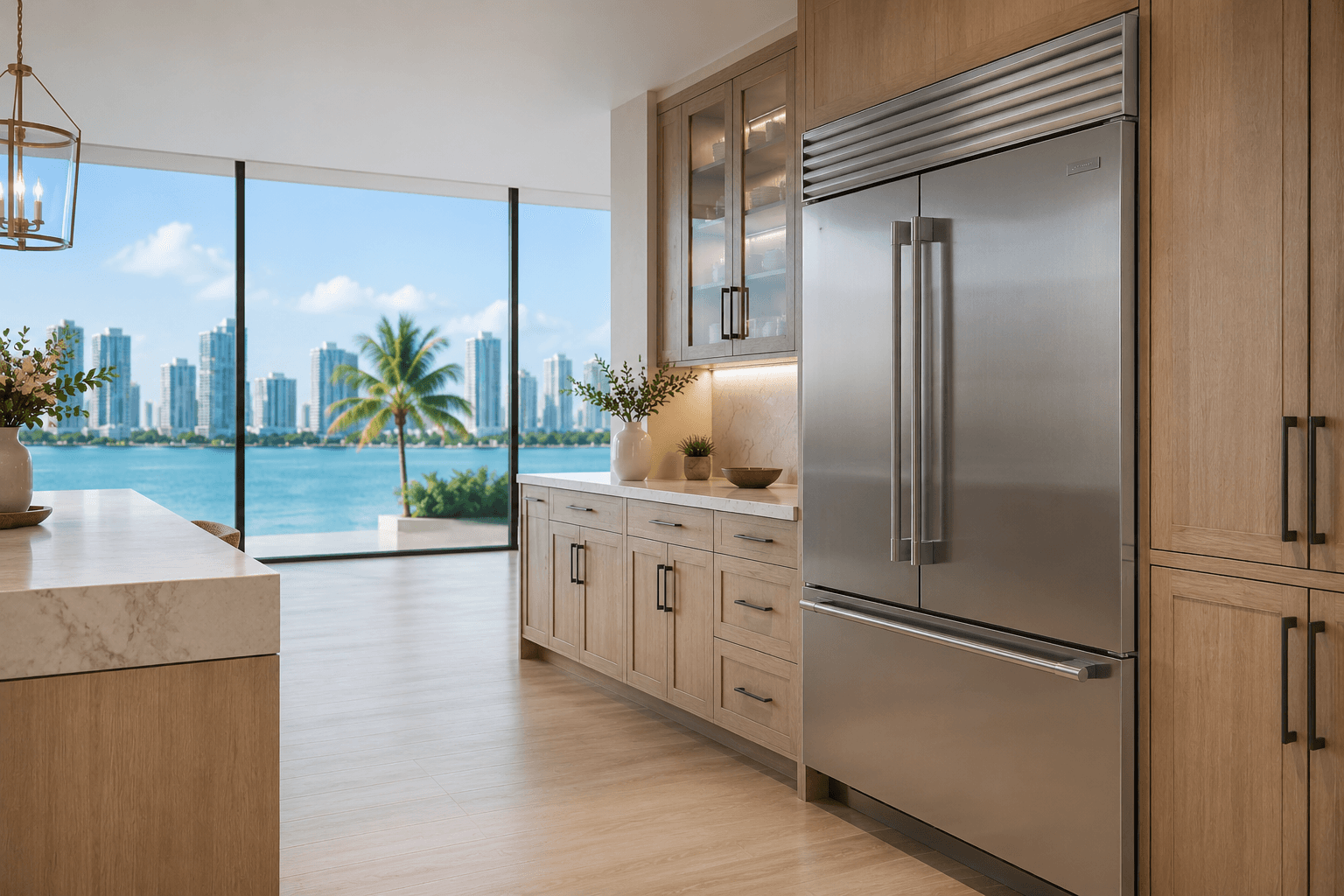 Luxury built-in stainless steel refrigerator in a premium South Florida waterfront kitchen