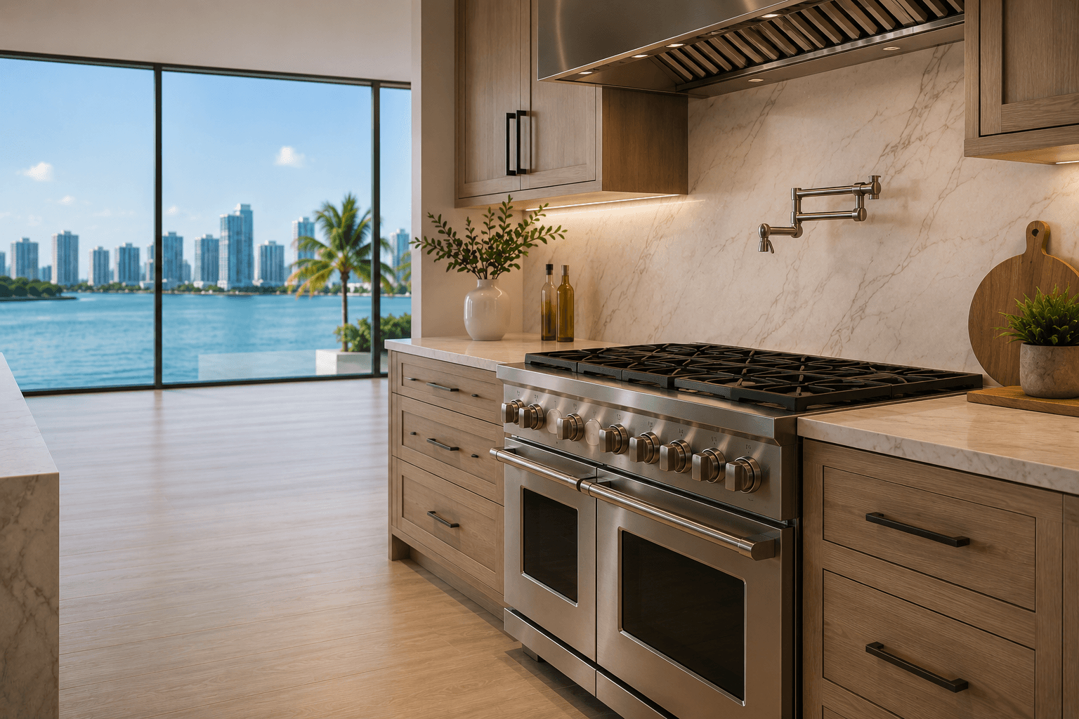 Luxury professional-style stainless steel range and cooktop in a premium South Florida kitchen