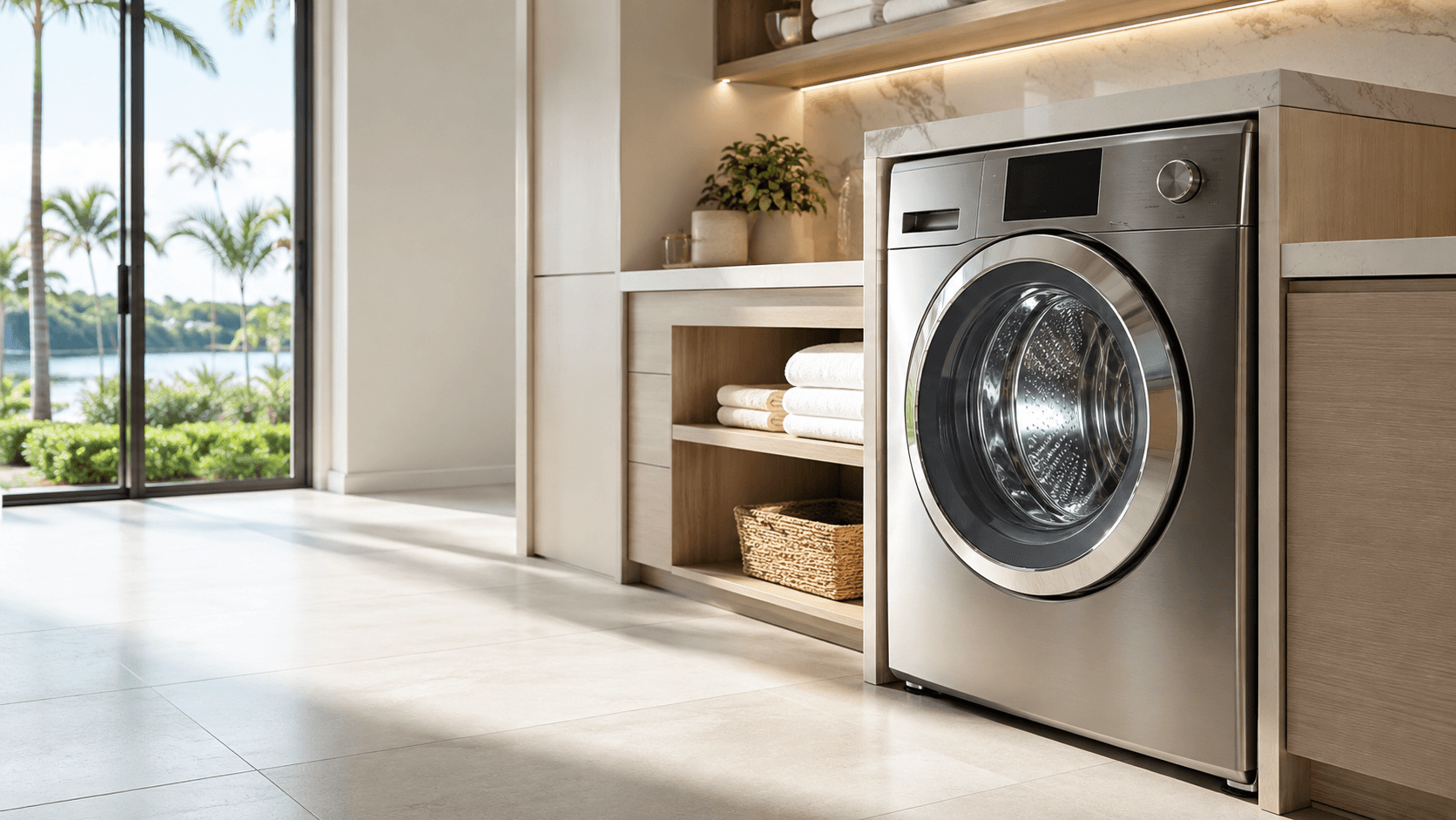 Luxury stainless steel front-load washer in a premium South Florida laundry room